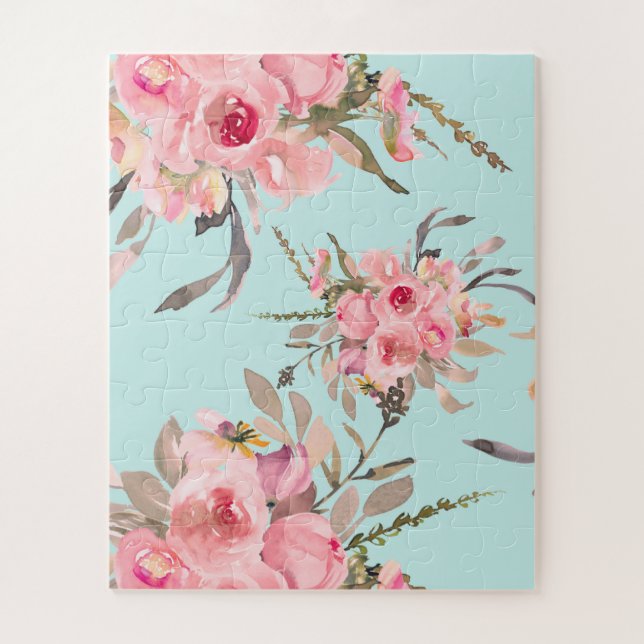 Puzzle Flores rosas Rubor en azul claro (Vertical)
