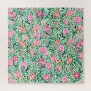 Puzzle Flores rosas, verde salvia, sin costuras.