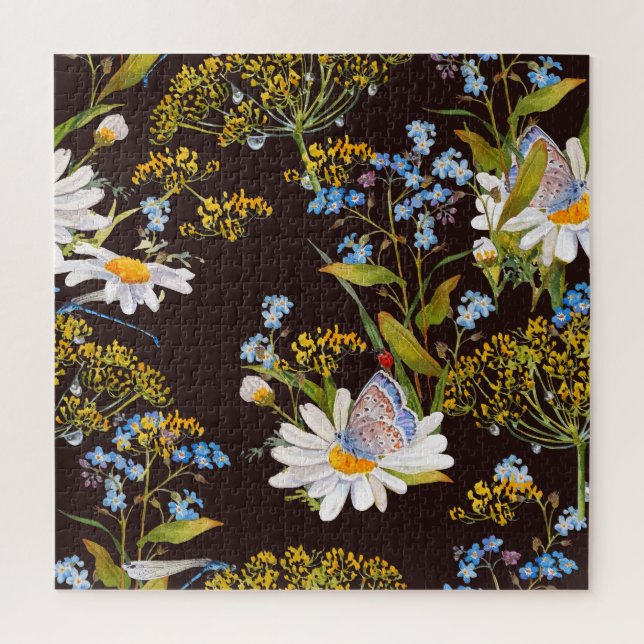 Puzzle Flores silvestres: acuarela de fondo negro (Vertical)
