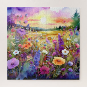 Puzzle Flores silvestres al atardecer en acuarela