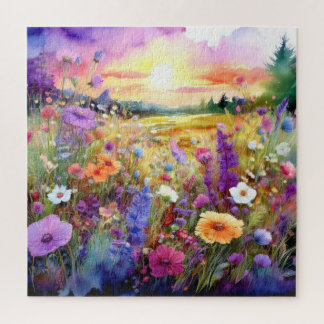 Puzzle Flores silvestres al atardecer en acuarela