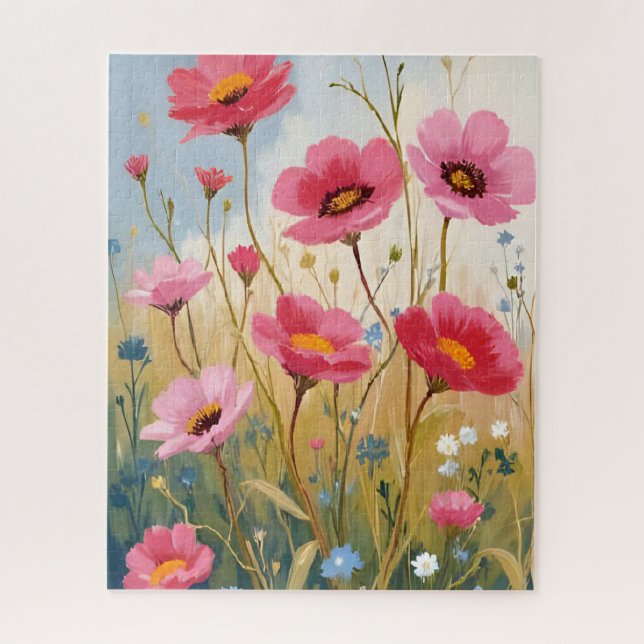 Puzzle Flores sonrojadas | Pradera floral de flores rosad (Vertical)
