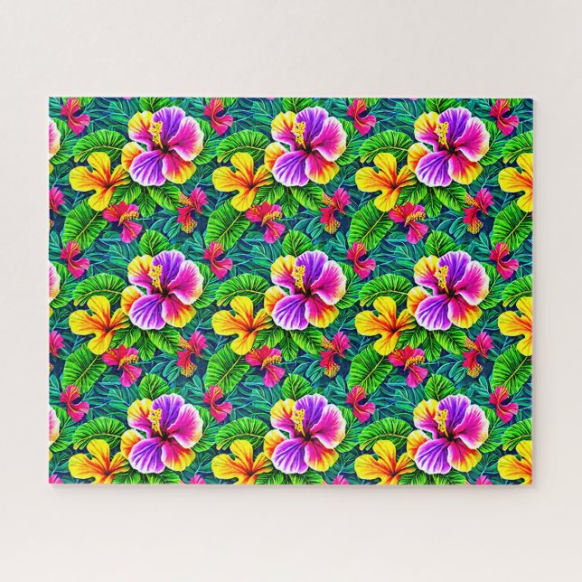 Puzzle Flores tropicales de Hibiscus y hojas de selva (Horizontal)