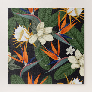 Puzzle Flores tropicales, fondo oscuro, sin costura flora