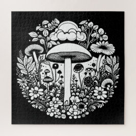 Puzzle Flores y champiñones negros y blancos