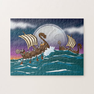 Puzzle Flota de invasión vikinga de dibujos animados
