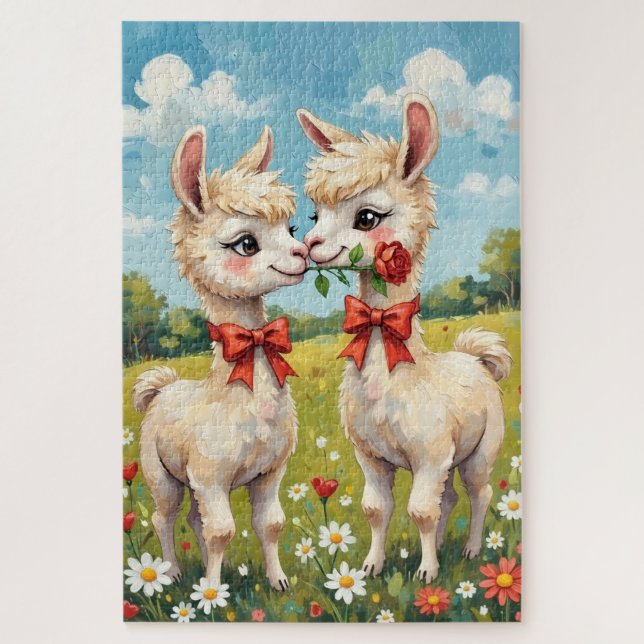 Puzzle Fluffy Alpaca Couple With Red Bows Art (Vertical)
