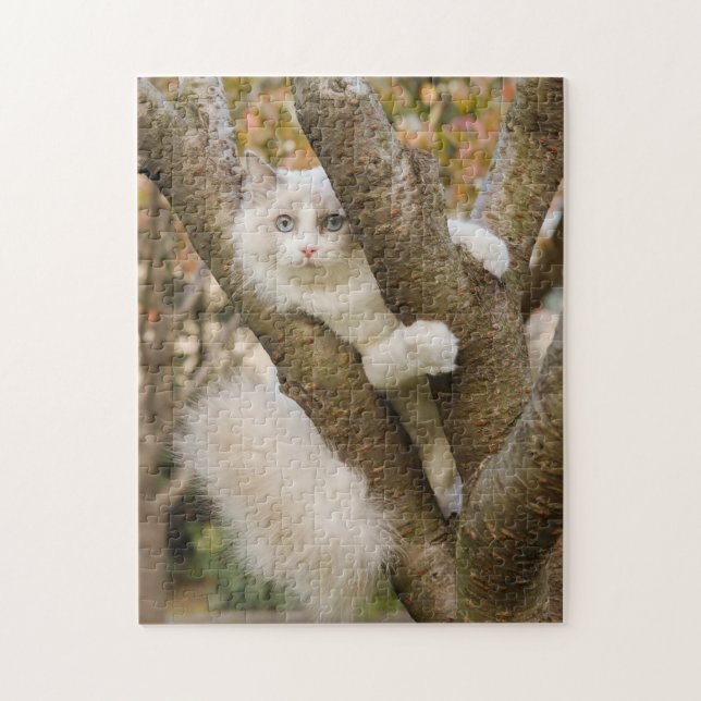 Puzzle Fluffy Cat with Blue Eyes in a Tree (Vertical)