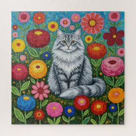 Puzzle Fluffy Gray Striped Cat with Folk Art Flowers