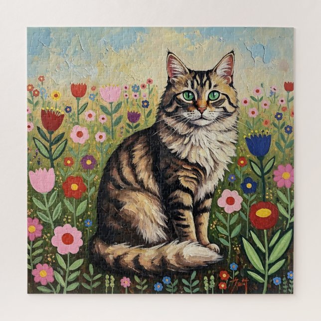 Puzzle Fluffy Gray Tabby Cat and Folk Art Flowers (Vertical)