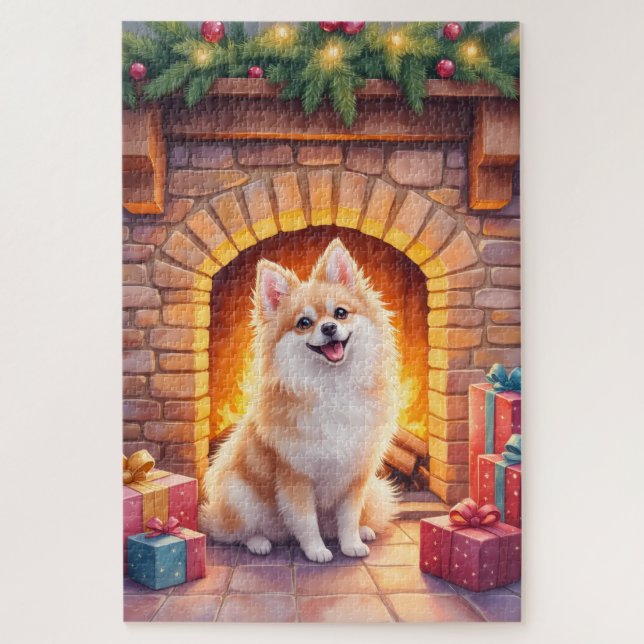 Puzzle Fluffy Pomeranian Cozy Christmas Fireplace Dog Art (Vertical)