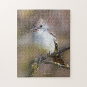 Puzzle Flycatcher sonriente de ceniza en rama de espino d