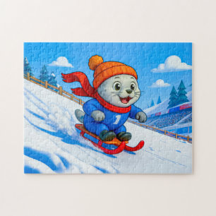 Puzzle Foca deslizándose por una colina nevosa de una mon