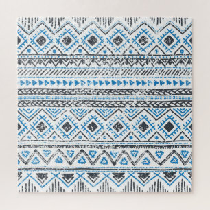 Puzzle Fondo étnico azul, blanco sin costura.