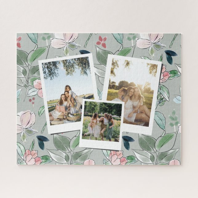 Puzzle Fondo floral verde con 3 fotos personalizadas (Horizontal)