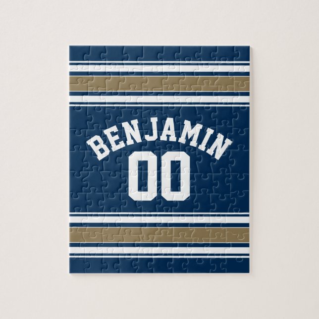 Puzzle Football Jersey Navy Blue Gold Stripes Número de n (Vertical)