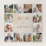Puzzle Formas orgánicas de citas de tiempo de familia 12<br><div class="desc">Crea tu propio rompecabezas fotográfico con 12 de tus fotos favoritas. El diseño abstracto de diseño moderno de formas orgánicas, pinceladas y salpicaduras tiene una paleta de colores neutros en tonos beige crema y cobre. Está escrito con la frase "el tiempo de familia es el mejor momento" en tipografía de...</div>
