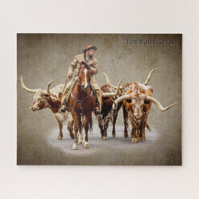 Puzzle Fort Wort Cattle Drive en la Sepia texturada (Horizontal)