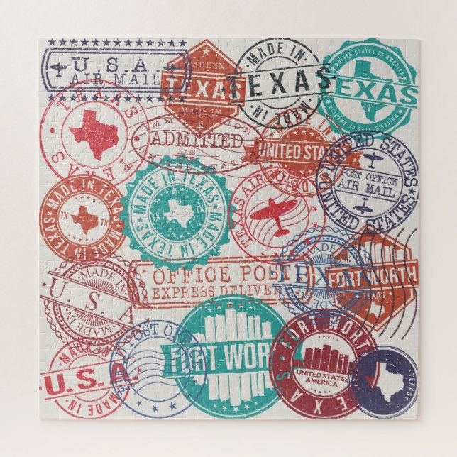 Puzzle Fort Worth Texas: sellos de viaje. (Vertical)