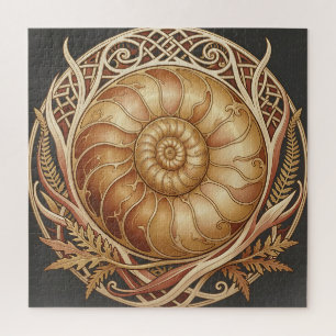 Puzzle Fósil de ammonite dorado con marco celta y patrón