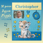 Puzzle Foto de Cute leopardo nombre niños azules amarillo<br><div class="desc">Rompecabezas de 30 piezas para los niños. Con un lindo leopardo,  con estrellas y corazones de amor. Añadir un nombre,  inicial y una foto. Esquema de colores: idea de regalo para niños azul y amarillo.</div>