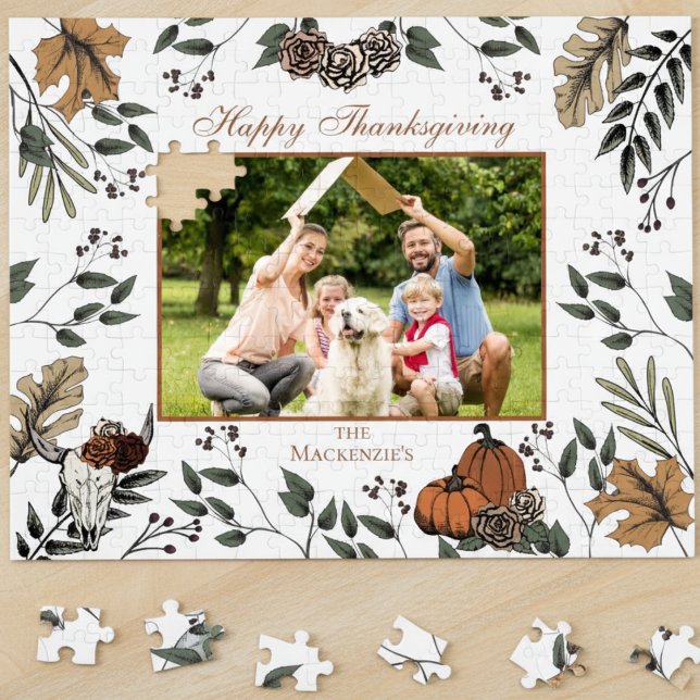 Puzzle Foto de la familia Western Thankscome Fall Harvest (Country Western Fall Floral Cow Skull Thanksgiving Family Photo Puzzle. Autumn Leaves Pumpkins Roses)