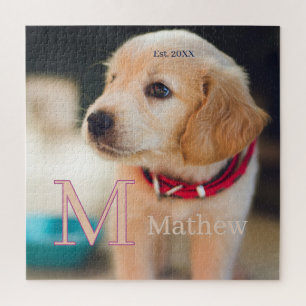 Puzzle foto de perro mascota monograma de nombre año est