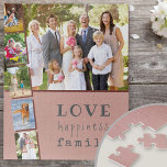 Puzzle Foto de Strip Collage Love Happy Family Pink<br><div class="desc">Personalizado Photo Puzzle con 6 de sus propias fotos. El collage de fotos muestra una imagen de paisaje más 5 fotos de retratos, con un estilo de tira de fotos. El diseño tiene una redacción encantadora, especialmente como regalo para la familia, que dice... la familia de la felicidad... en el...</div>