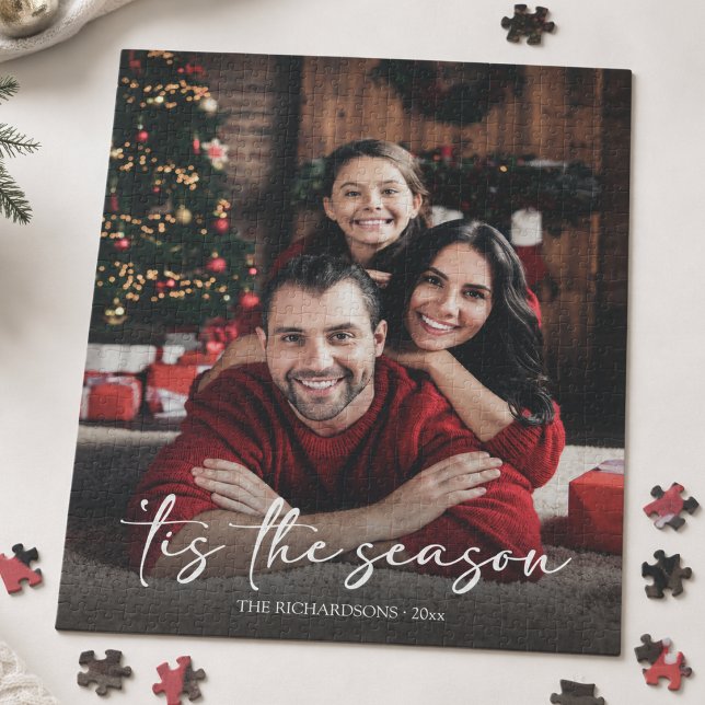 Puzzle Foto familiar personalizada de Navidad (elegant script calligraphy tis the season christmas custom family photo jigsaw puzzle gift)