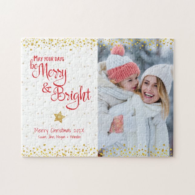 Puzzle Foto Merry Bright Script Gold Purpurina Festividad (Horizontal)