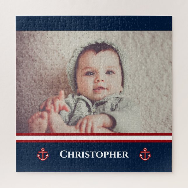 Puzzle Foto personalizado Nautical Marine Navy Blanco Roj (Vertical)