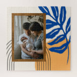 Puzzle Foto personalizado Resumen moderno Amarillo azul b<br><div class="desc">Este elegante rompecabezas personalizado cuenta con un moderno ilustracion botánico abstracto inspirado en Matisse, en color cobalto azul y amarillo, que enmarca tu foto favorita.</div>