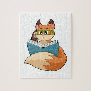 Puzzle Fox como Nerd con libros y anteojos