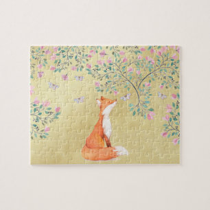 Puzzle Fox con las mariposas y las flores rosadas