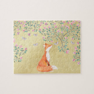 Puzzle Fox con las mariposas y las flores rosadas