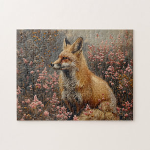 Puzzle Fox roja con pintura de flores silvestres rosadas