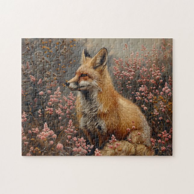 Puzzle Fox roja con pintura de flores silvestres rosadas (Horizontal)