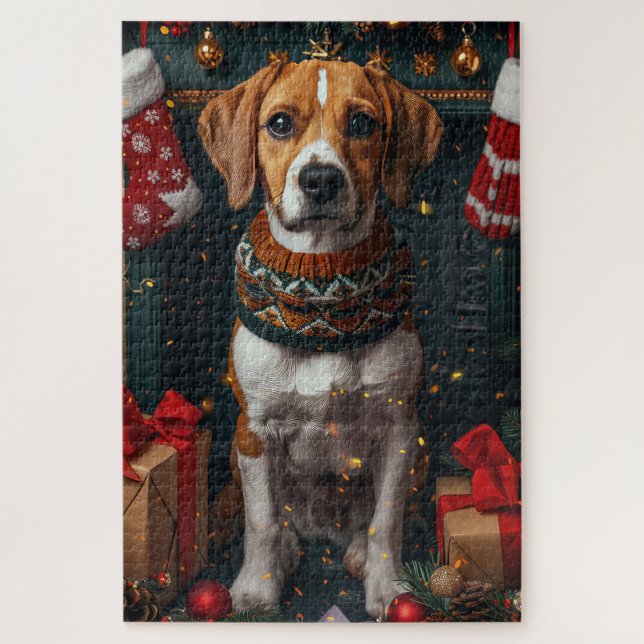 Puzzle Foxhound inglés americano con regalos de Navidades (Vertical)