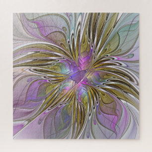 Puzzle Fractal floral colorido con rosado y oro