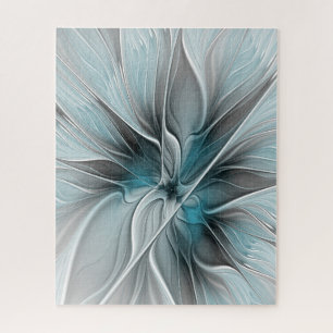 Puzzle Fractal floral moderno abstracto flor azul gris