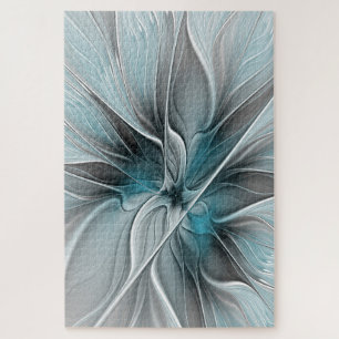 Puzzle Fractal floral moderno abstracto flor azul gris