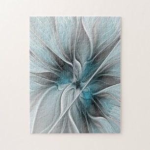 Puzzle Fractal floral moderno abstracto flor azul gris
