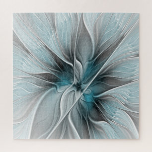 Puzzle Fractal floral moderno abstracto flor azul gris