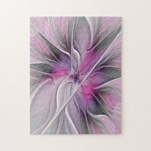 Puzzle Fractal floral moderno abstracto flor rosa gris
