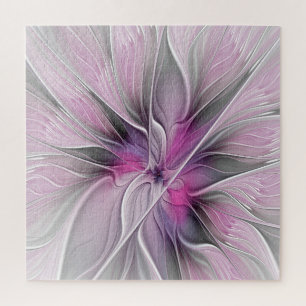 Puzzle Fractal Floral Moderno Abstracto Flor Rosa Gris