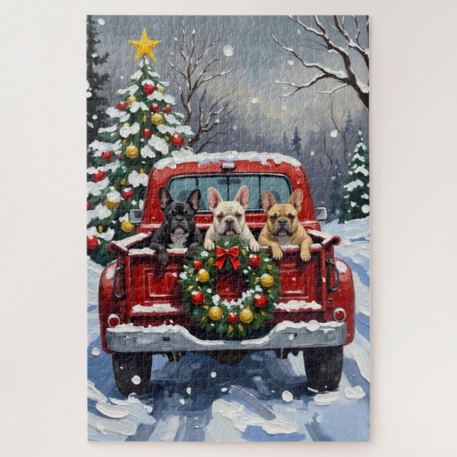 Puzzle French Bulldog Christmas Red Truck Holiday (Vertical)