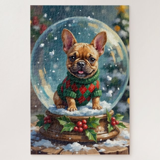 Puzzle French Bulldog Snow Globe Christmas Sweater (Vertical)