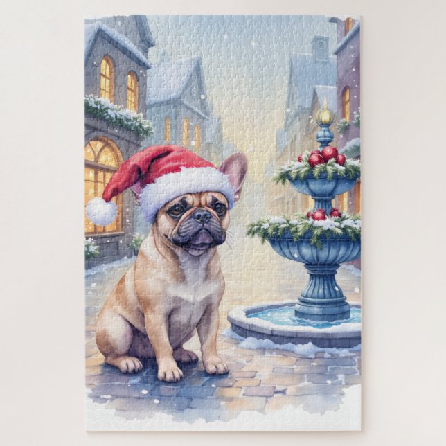 Puzzle French Bulldog Snowy Town Fountain Santa Christmas (Vertical)