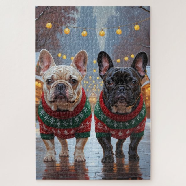 Puzzle French Bulldogs Christmas Snow Holiday (Vertical)