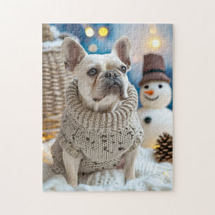 Puzzle Frenchie con muñeco de nieve de Navidad